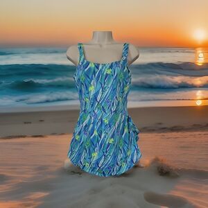 Maxine Of Hollywood Blue Green Tropical Floral Front Skirted Swimsuit 18 READ